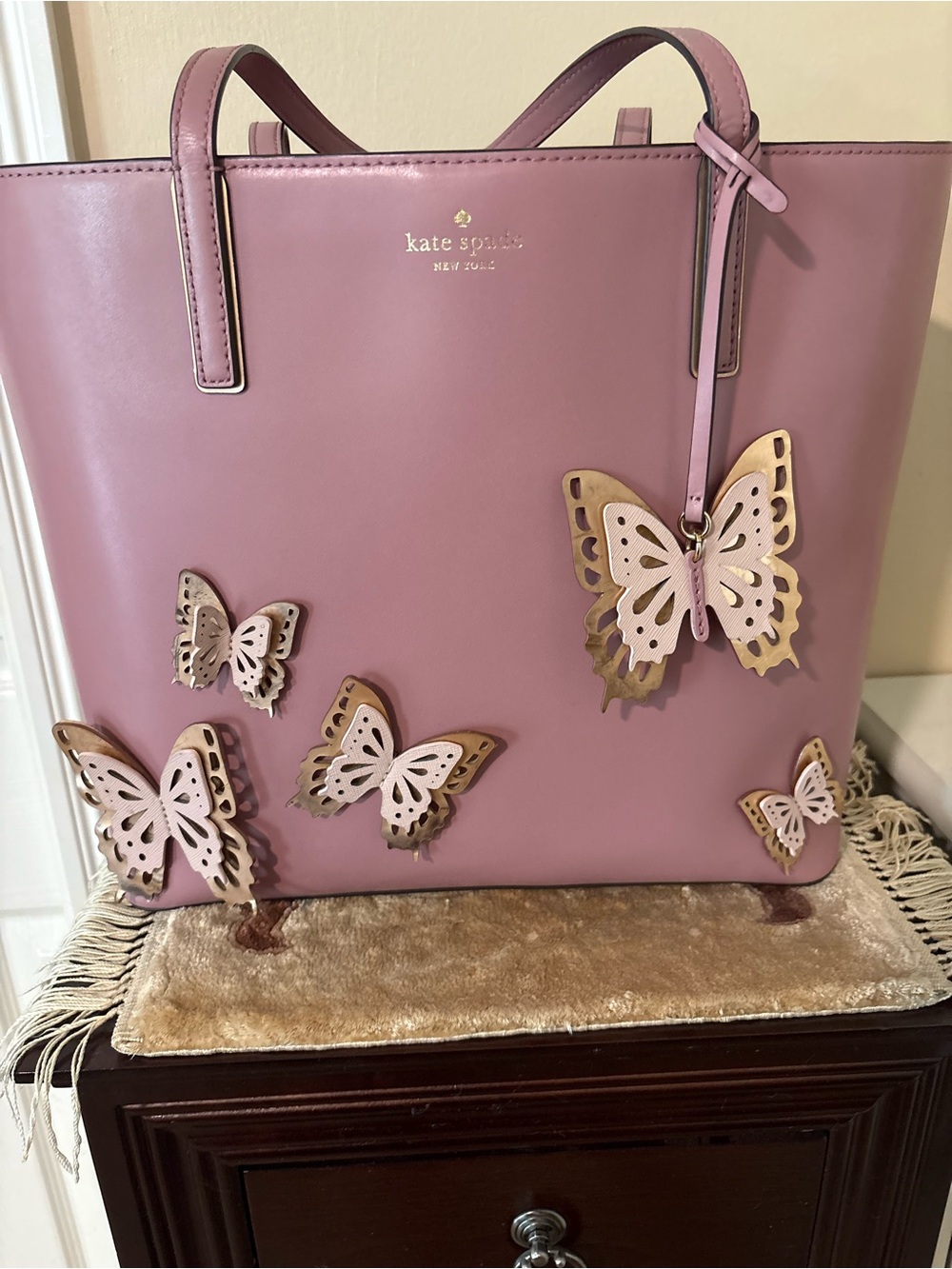 kate spade pink leather butterfly applique tote
